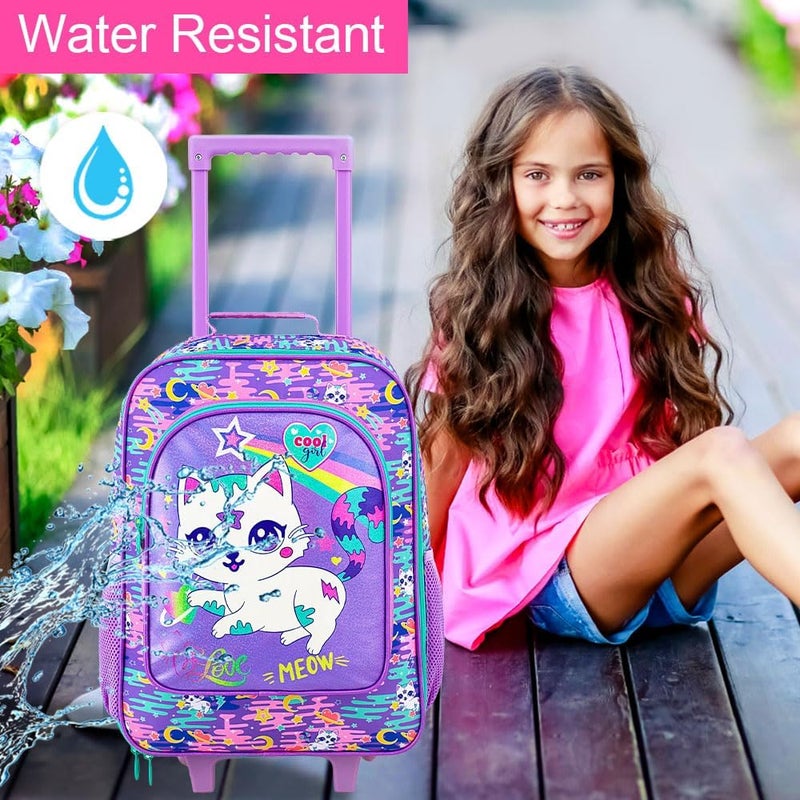 FTJCF Store 2Pcs Kids Suitcase for Girls, 18" Cat Carry on Luggage Set with Wheels, Cute Travel Rolling with 12" Toddler Backpack(Purple) - Image 3